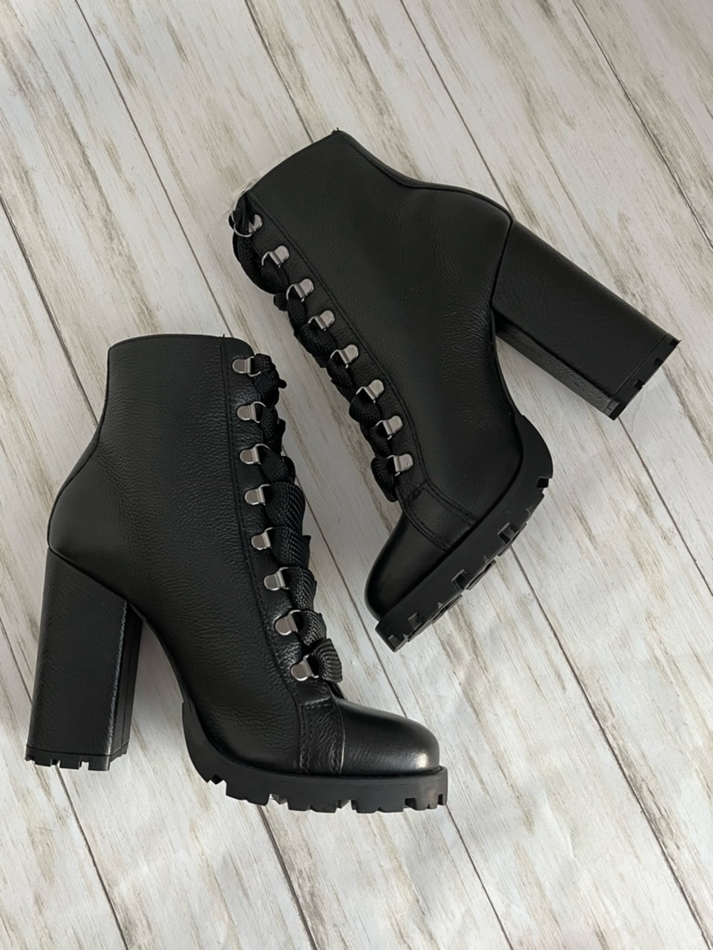 Schutz Zhara Black Leather Lace-Up Block Heel Lug Sole Boots - Picture 8 of 11
